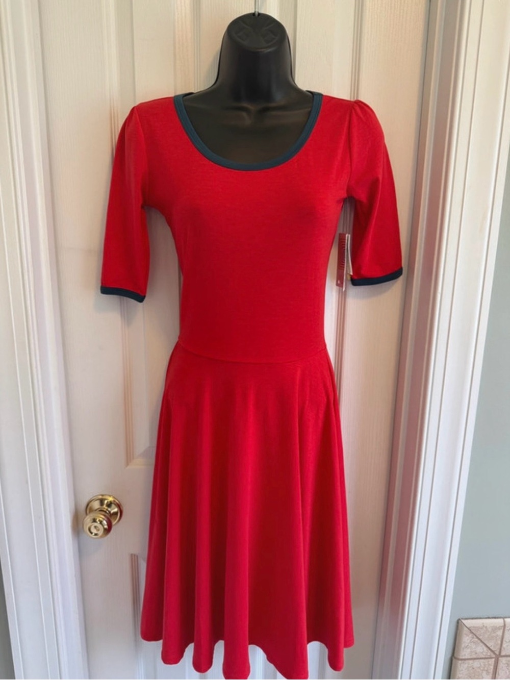Lularoe Red Scoop Neck Fit-and-Flare Dress with Contrast Trim With Tags